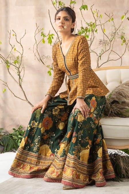 Buy_Kalista_Yellow Dola Silk V Neck Embroidered Peplum Kurta And Gharara Set _Online_at_Aza_Fashions