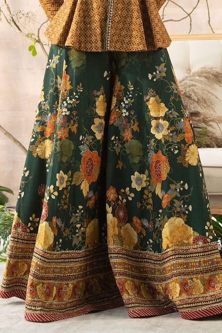 Shop_Kalista_Yellow Dola Silk V Neck Embroidered Peplum Kurta And Gharara Set _Online_at_Aza_Fashions