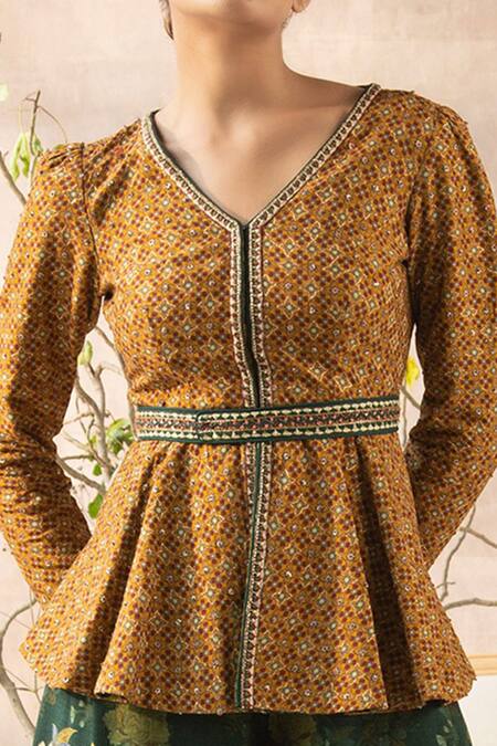 Kalista_Yellow Dola Silk V Neck Embroidered Peplum Kurta And Gharara Set _at_Aza_Fashions