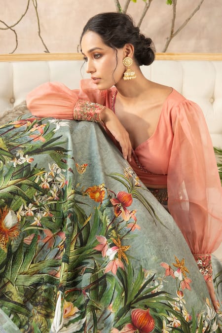 Kalista Grey Lehenga Dola Silk Blouse Organza Leaf Neck Printed And Set Online at Aza Fashions Kalista_Grey Lehenga Dola Silk Blouse Organza Leaf Neck Printed And Set _Online_at_Aza_Fashions