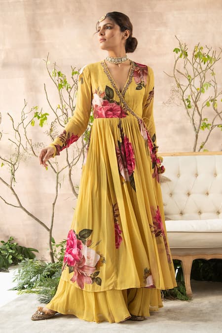 Kalista Yellow Georgette V Neck Printed Anarkali And Gharara Set Online at Aza Fashions Kalista_Yellow Georgette V Neck Printed Anarkali And Gharara Set _Online_at_Aza_Fashions