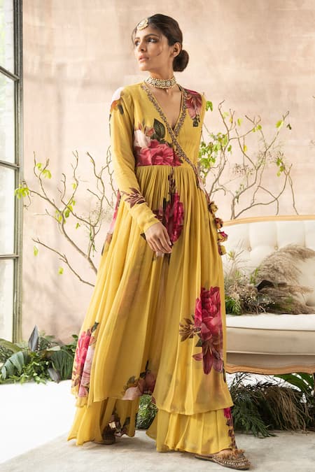 Shop Kalista Yellow Georgette V Neck Printed Anarkali And Gharara Set at Aza Fashions Shop_Kalista_Yellow Georgette V Neck Printed Anarkali And Gharara Set _at_Aza_Fashions