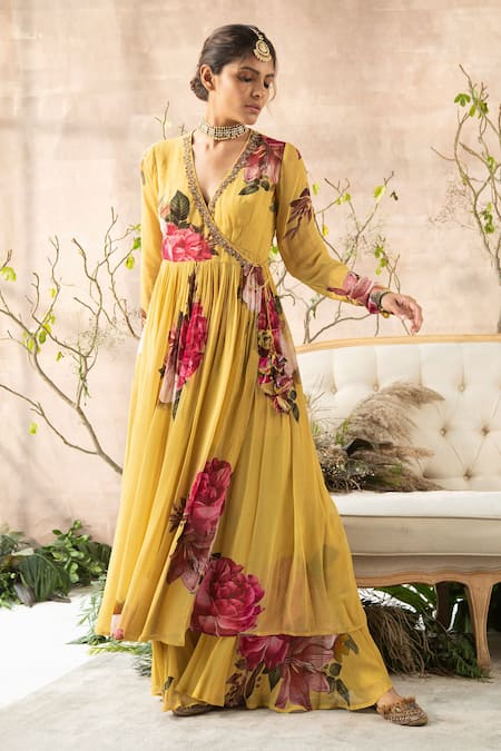 Buy Kalista Yellow Georgette V Neck Printed Anarkali And Gharara Set Online at Aza Fashions Buy_Kalista_Yellow Georgette V Neck Printed Anarkali And Gharara Set _Online_at_Aza_Fashions