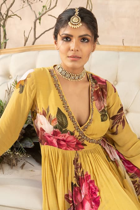 Shop Kalista Yellow Georgette V Neck Printed Anarkali And Gharara Set Online at Aza Fashions Shop_Kalista_Yellow Georgette V Neck Printed Anarkali And Gharara Set _Online_at_Aza_Fashions