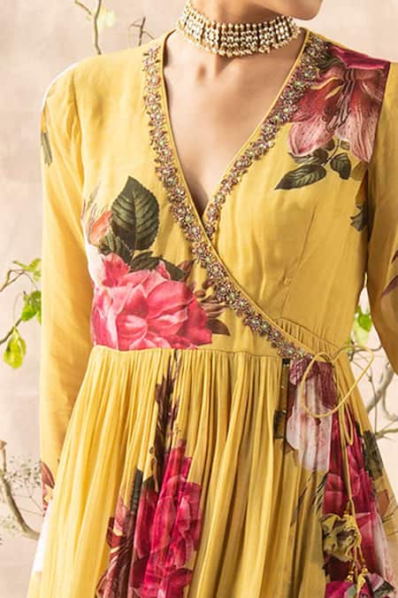 Kalista Yellow Georgette V Neck Printed Anarkali And Gharara Set at Aza Fashions Kalista_Yellow Georgette V Neck Printed Anarkali And Gharara Set _at_Aza_Fashions