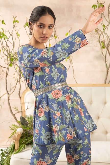 Kalista_Blue Cotton Silk V Neck Printed Top And Pant Set _Online_at_Aza_Fashions