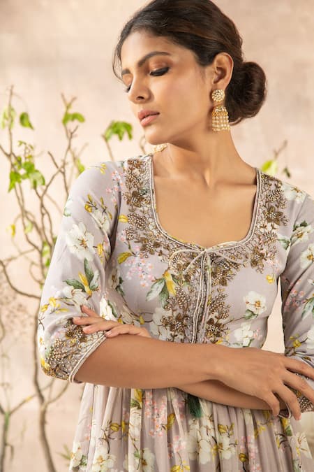 Kalista_Purple Georgette Round Printed Anarkali And Gharara Set _Online_at_Aza_Fashions