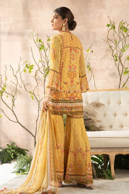 Shop Kalista Yellow Georgette Round Printed Sharara Set at Aza Fashions Shop_Kalista_Yellow Georgette Round Printed Sharara Set _at_Aza_Fashions