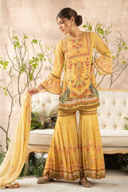 Kalista Yellow Georgette Round Printed Sharara Set Online at Aza Fashions Kalista_Yellow Georgette Round Printed Sharara Set _Online_at_Aza_Fashions