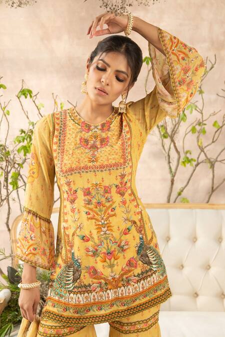 Buy Kalista Yellow Georgette Round Printed Sharara Set Online at Aza Fashions Buy_Kalista_Yellow Georgette Round Printed Sharara Set _Online_at_Aza_Fashions