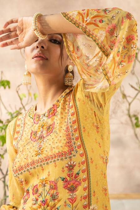 Shop Kalista Yellow Georgette Round Printed Sharara Set Online at Aza Fashions Shop_Kalista_Yellow Georgette Round Printed Sharara Set _Online_at_Aza_Fashions