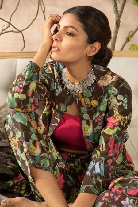 Buy_Kalista_Multi Color Cotton Silk Round Printed Jacket And Pant Set _Online_at_Aza_Fashions