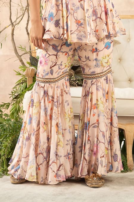 Kalista_Pink Georgette Round Printed Top And Sharara Set _at_Aza_Fashions