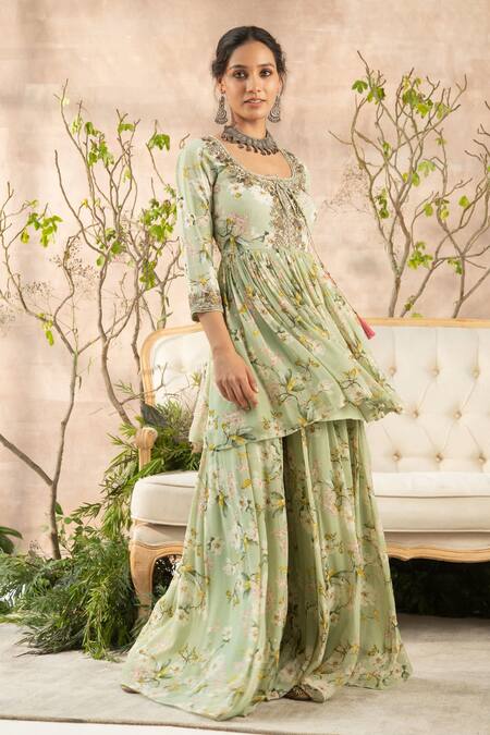 Kalista_Green Georgette Round Printed Anarkali And Gharara Set _Online_at_Aza_Fashions