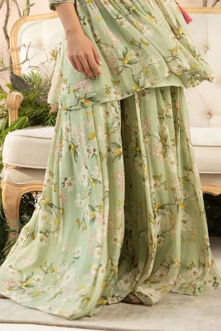 Shop_Kalista_Green Georgette Round Printed Anarkali And Gharara Set _Online_at_Aza_Fashions