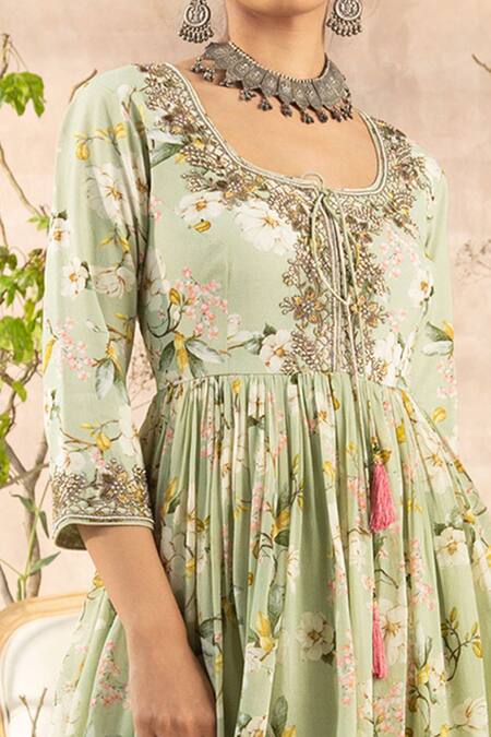 Kalista_Green Georgette Round Printed Anarkali And Gharara Set _at_Aza_Fashions