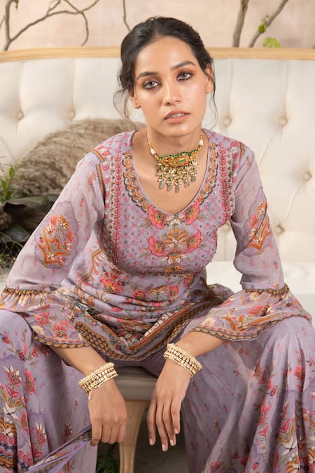 Kalista_Purple Georgette Round Printed Sharara Set _Online_at_Aza_Fashions