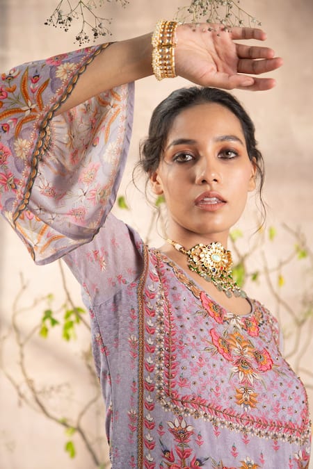 Buy_Kalista_Purple Georgette Round Printed Sharara Set _Online_at_Aza_Fashions