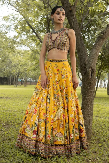 Kalista_Yellow Dola Silk V Neck Printed Lehenga Set _Online_at_Aza_Fashions