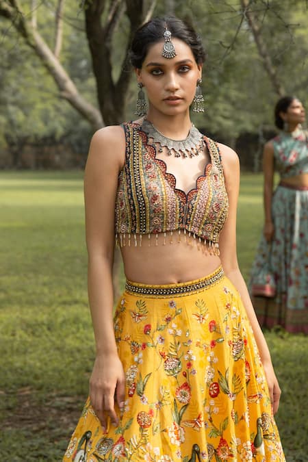 Shop_Kalista_Yellow Dola Silk V Neck Printed Lehenga Set _Online_at_Aza_Fashions
