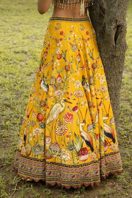 Kalista_Yellow Dola Silk V Neck Printed Lehenga Set _at_Aza_Fashions