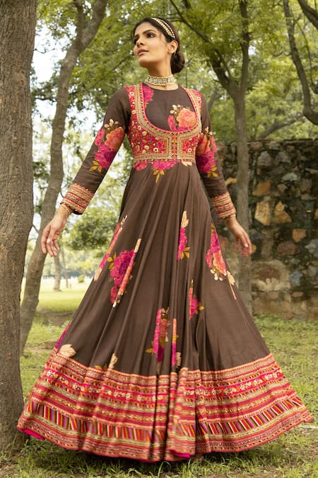 Kalista_Brown Dola Silk Round Floral Print Anarkali With Dupatta _Online_at_Aza_Fashions