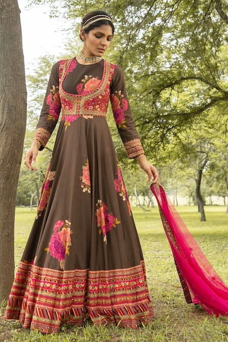 Kalista Floral Print Anarkali with Dupatta 