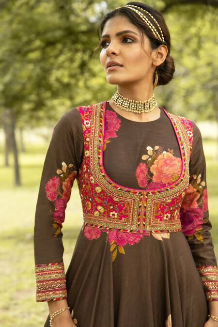 Shop_Kalista_Brown Dola Silk Round Floral Print Anarkali With Dupatta _Online_at_Aza_Fashions