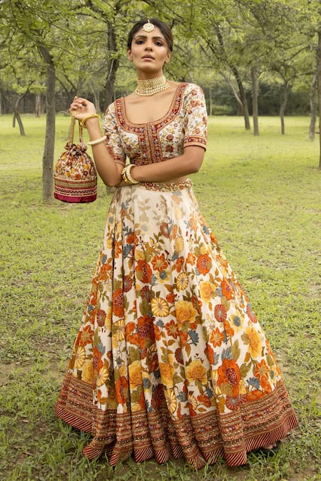 Shop Kalista White Lehenga And Blouse Dola Silk Dupatta Organza Scoop Printed Bridal Set at Aza Fashions Shop_Kalista_White Lehenga And Blouse Dola Silk Dupatta Organza Scoop Printed Bridal Set _at_Aza_Fashions
