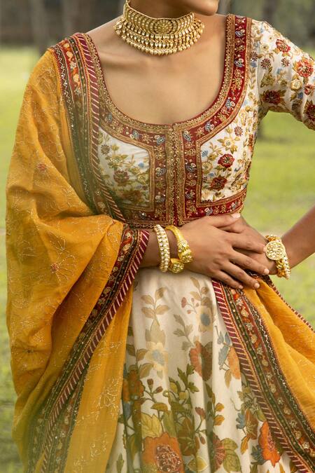 Buy Kalista White Lehenga And Blouse Dola Silk Dupatta Organza Scoop Printed Bridal Set Online at Aza Fashions Buy_Kalista_White Lehenga And Blouse Dola Silk Dupatta Organza Scoop Printed Bridal Set _Online_at_Aza_Fashions