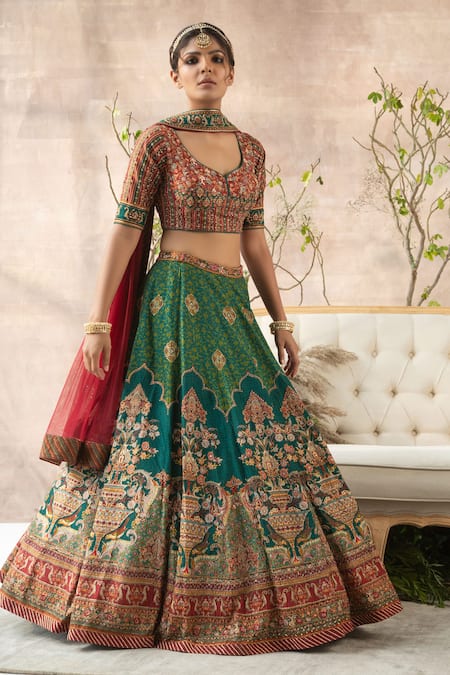 Kalista_Green Lehenga And Blouse Dola Silk Dupatta Chanderi Embroidered Bridal Set _Online_at_Aza_Fashions