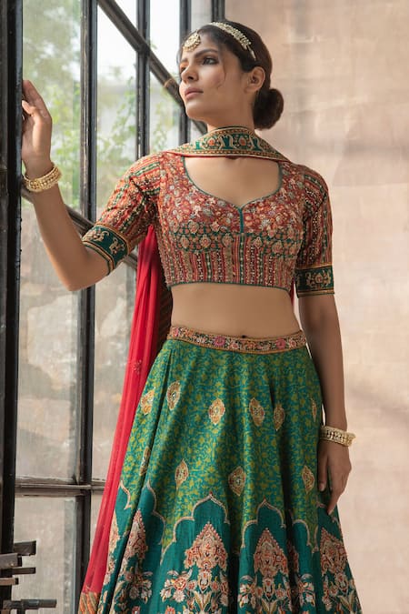 Buy_Kalista_Green Lehenga And Blouse Dola Silk Dupatta Chanderi Embroidered Bridal Set _Online_at_Aza_Fashions
