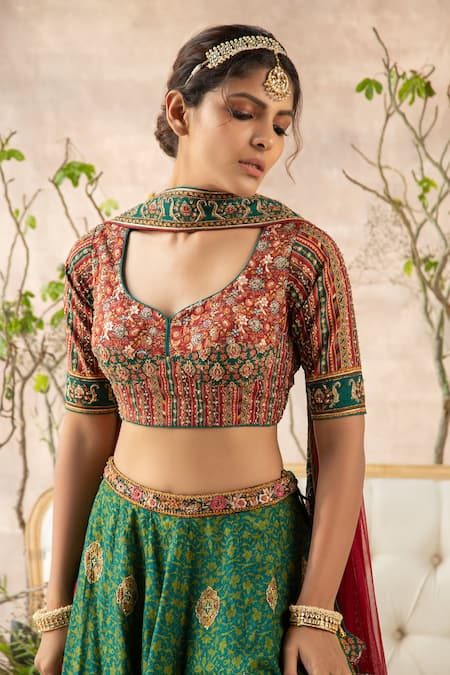Shop_Kalista_Green Lehenga And Blouse Dola Silk Dupatta Chanderi Embroidered Bridal Set _Online_at_Aza_Fashions