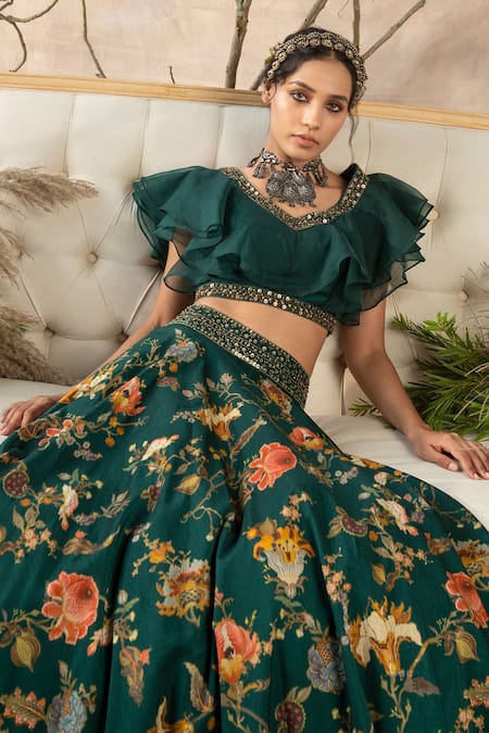 Buy Green Lehenga Dola Silk Blouse Organza Printed And Ruffle Set