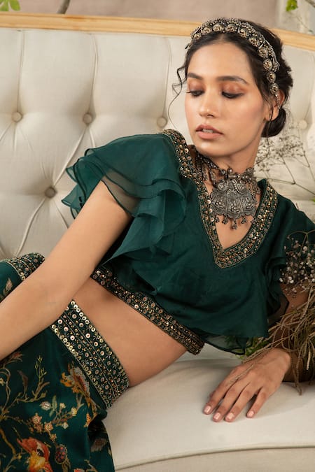 Shop_Kalista_Green Lehenga Dola Silk Blouse Organza V Neck Printed And Ruffle Set _Online_at_Aza_Fashions