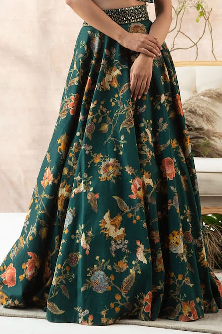 Kalista_Green Lehenga Dola Silk Blouse Organza V Neck Printed And Ruffle Set _at_Aza_Fashions