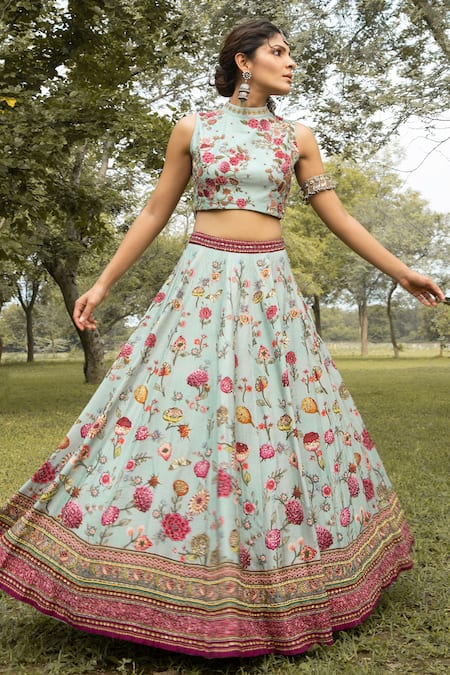 Kalista_Blue Dola Silk Band Collar Printed Lehenga Set _Online_at_Aza_Fashions