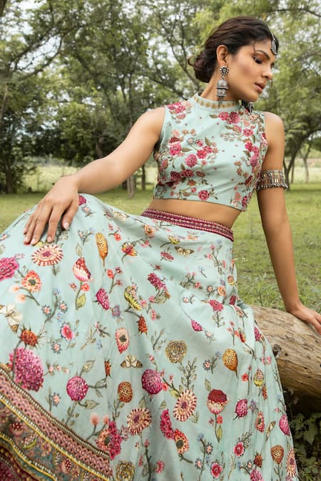 Buy_Kalista_Blue Dola Silk Band Collar Printed Lehenga Set _Online_at_Aza_Fashions
