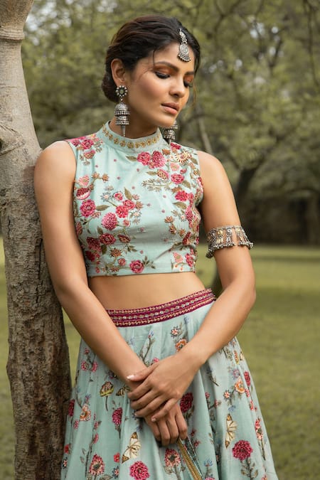 Shop_Kalista_Blue Dola Silk Band Collar Printed Lehenga Set _Online_at_Aza_Fashions