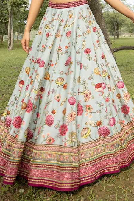 Kalista_Blue Dola Silk Band Collar Printed Lehenga Set _at_Aza_Fashions
