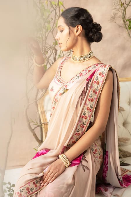 Kalista_Pink Georgette Round Printed Pre-draped Saree With Blouse _Online_at_Aza_Fashions
