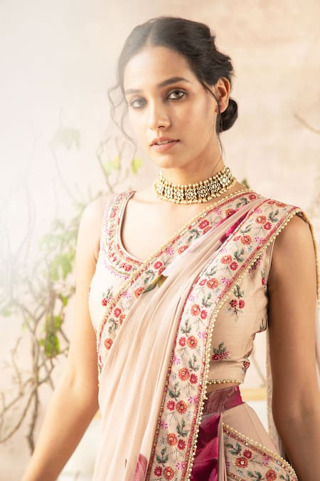 Buy_Kalista_Pink Georgette Round Printed Pre-draped Saree With Blouse _Online_at_Aza_Fashions