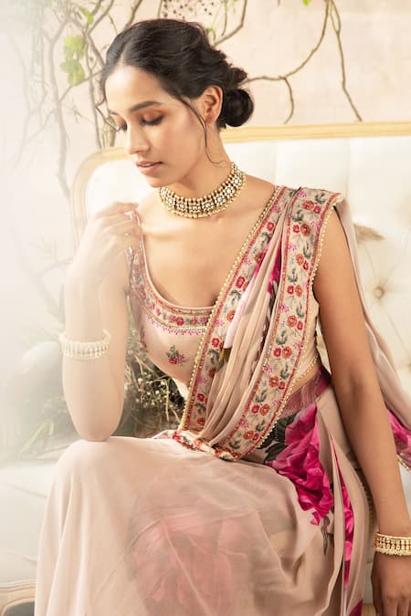 Shop_Kalista_Pink Georgette Round Printed Pre-draped Saree With Blouse _Online_at_Aza_Fashions