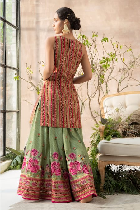 Shop Kalista Green Dola Silk Round Printed Gharara Set at Aza Fashions Shop_Kalista_Green Dola Silk Round Printed Gharara Set _at_Aza_Fashions