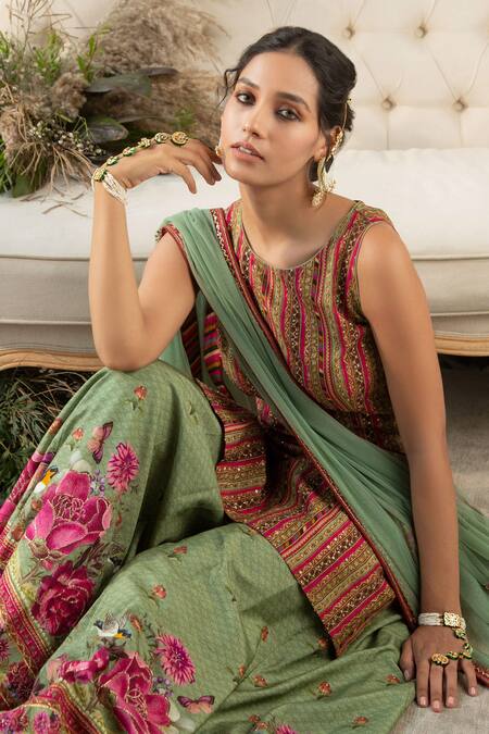 Buy Kalista Green Dola Silk Round Printed Gharara Set Online at Aza Fashions Buy_Kalista_Green Dola Silk Round Printed Gharara Set _Online_at_Aza_Fashions