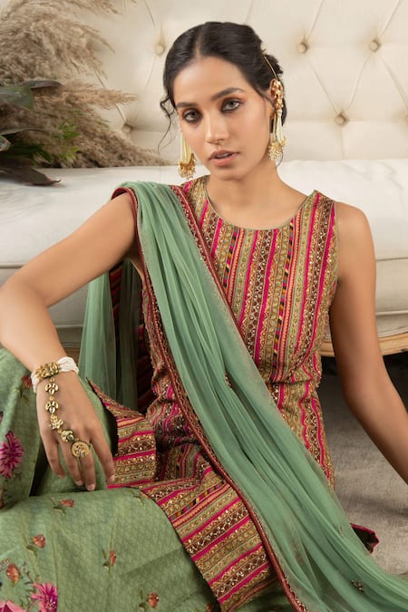 Shop Kalista Green Dola Silk Round Printed Gharara Set Online at Aza Fashions Shop_Kalista_Green Dola Silk Round Printed Gharara Set _Online_at_Aza_Fashions