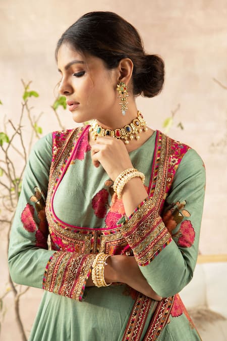 Buy_Kalista_Green Dola Silk Round Floral Print Anarkali With Dupatta _Online_at_Aza_Fashions