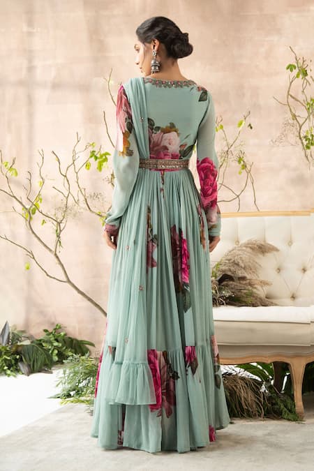 Shop_Kalista_Blue Georgette V Neck Printed Anarkali With Dupatta _at_Aza_Fashions