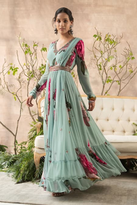 Kalista_Blue Georgette V Neck Printed Anarkali With Dupatta _Online_at_Aza_Fashions