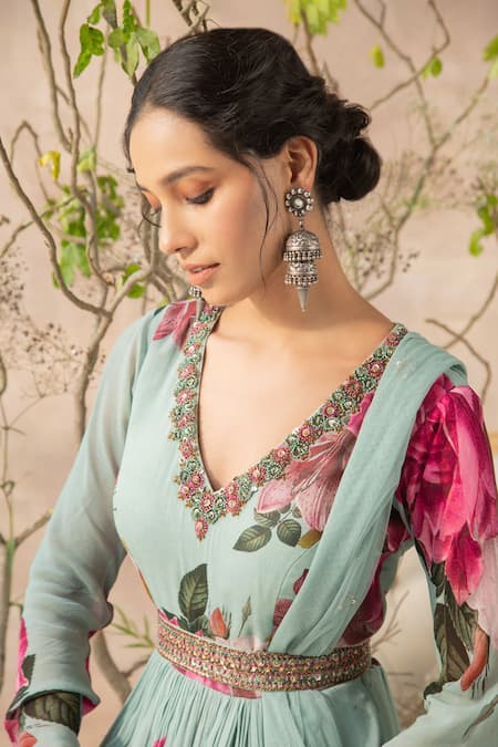 Buy_Kalista_Blue Georgette V Neck Printed Anarkali With Dupatta _Online_at_Aza_Fashions